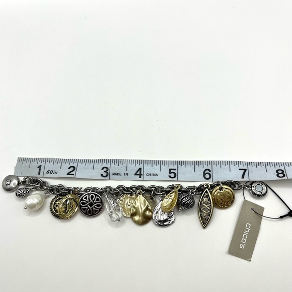 Charm Chicos Silver Bracelet. Big Charms  Pearl, Crystal, Coins Mixed Metals - Picture 13 of 14